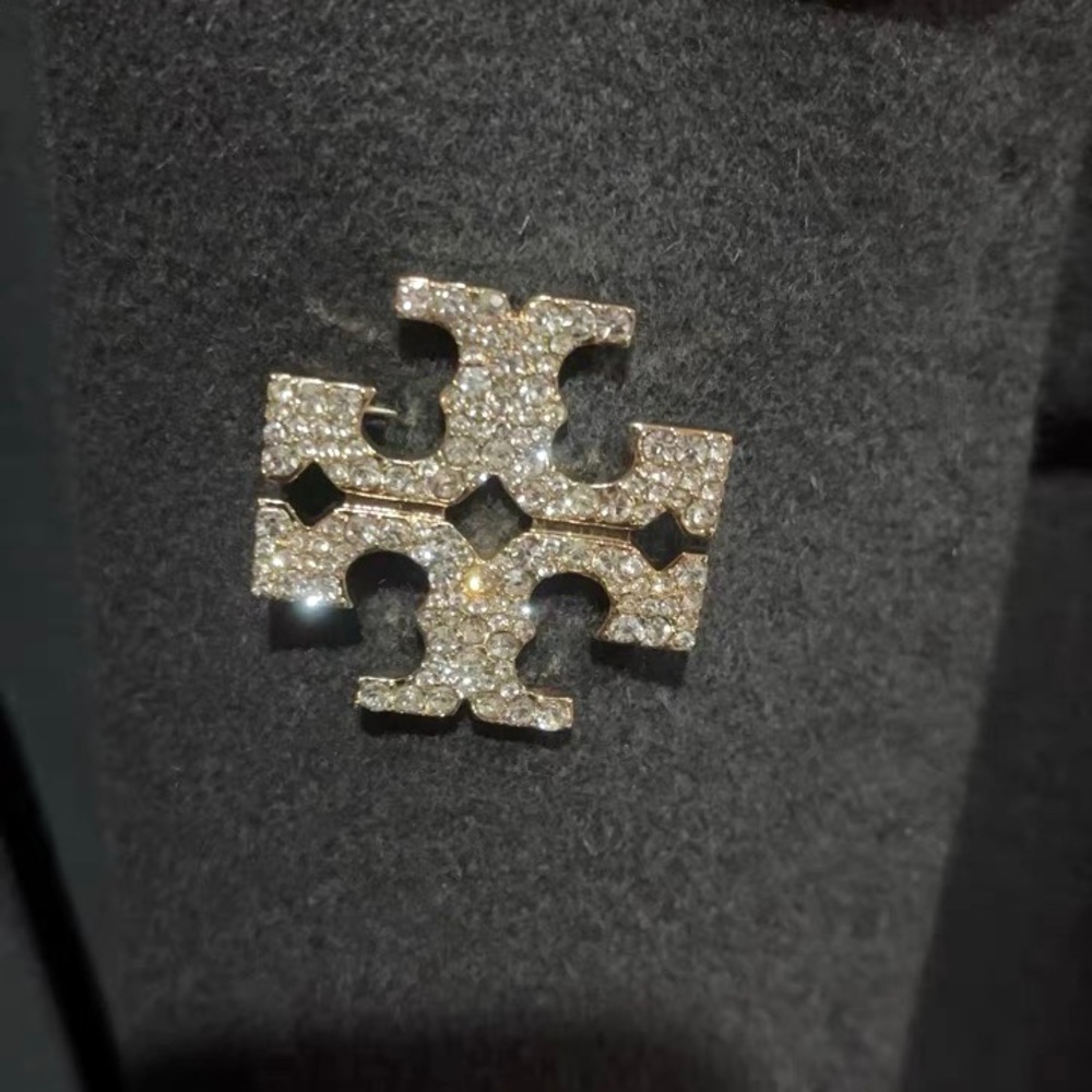 Tory Burch Gold Crystal Logo Pin Brooch - Gold Tone